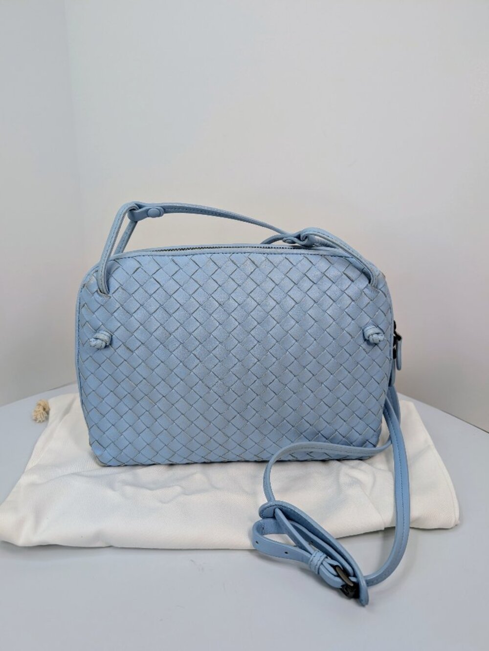 Bottega Veneta Sky Blue Intrecciato Leather Double-Handle Crossbody Camera Bag